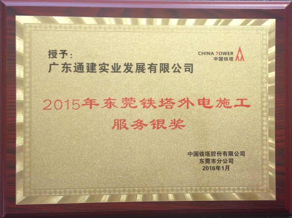 2015年東莞鐵塔外電施工服務(wù)銀獎