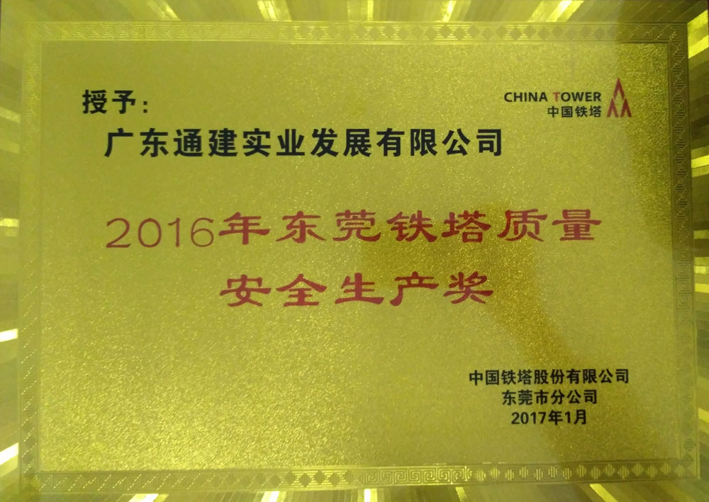 2016年東莞鐵塔質(zhì)量安全生產(chǎn)獎